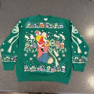 Vintage Holiday Time‎ Green Santa Puff Paint Sweatshirt All Over Medium